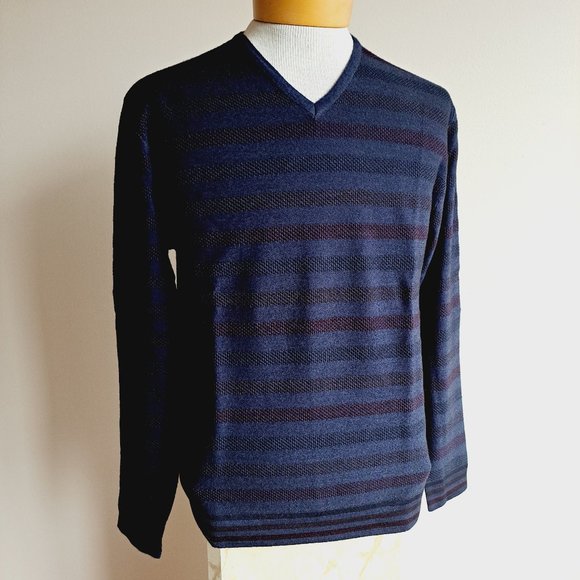 NEW Raffi Italian V-neck 100% Merino Wool Long Sleeves Striped Navy Sweater L